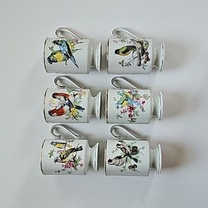 S/6 Royal Crown Ceramic Multicolored Bird and Floral Themed Teacups Coffee Mugs